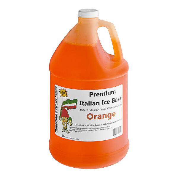 A jug of Philadelphia Water Ice Orange Italian Ice Base.
