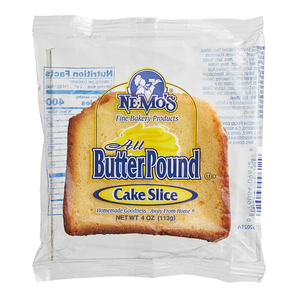 A Ne-Mo's Bakery frozen all butter pound cake slice on a paper wrapper.