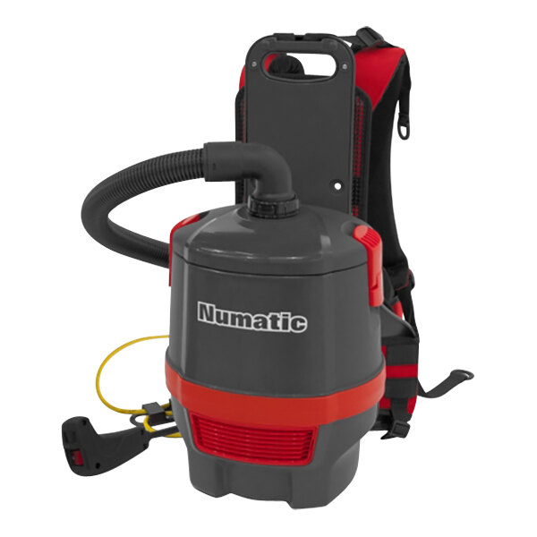 A close-up of a red and black NaceCare Solutions backpack vacuum cleaner.
