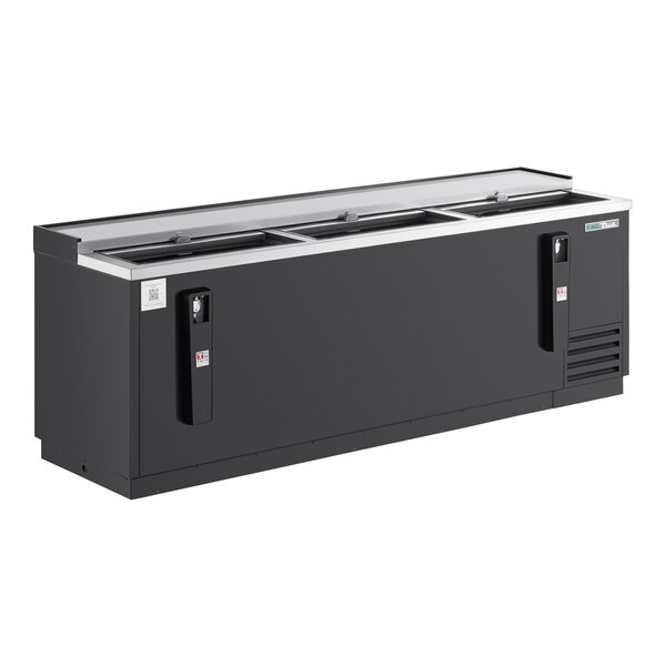 A black rectangular True bottle cooler with a silver frame.