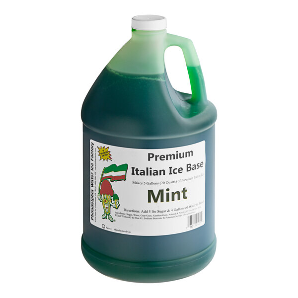A jug of green Philadelphia Water Ice Mint Italian Ice Base.