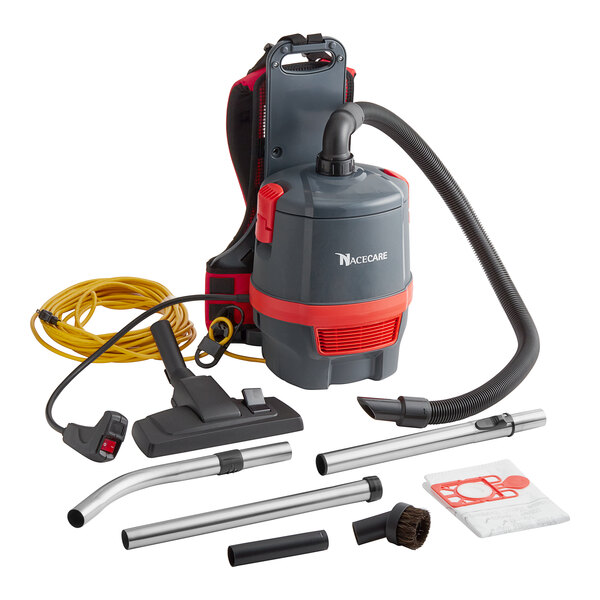 A NaceCare Solutions corded backpack vacuum with ASTB2 combination floor toolkit and hose accessories.