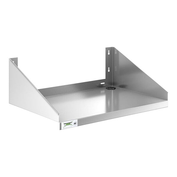 A silver metal Regency stainless steel wall mount shelf with holes.