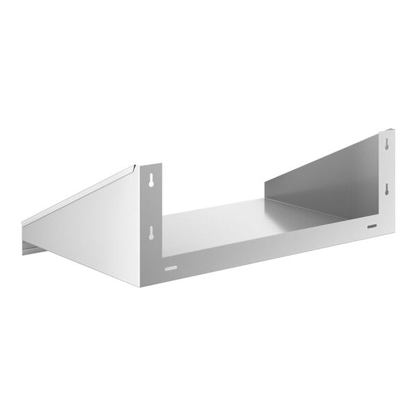 A silver metal shelf with holes on top.