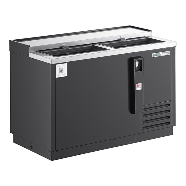 A True black horizontal bottle cooler with two glass doors.