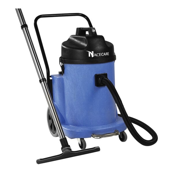 A blue NaceCare Solutions wet/dry vacuum with a black hose and handle.