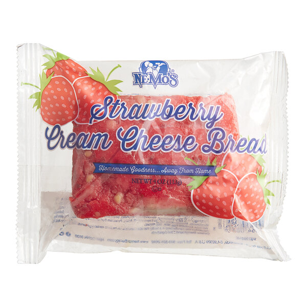 A package of Ne-Mo's Bakery frozen strawberry cream cheese cake bread.