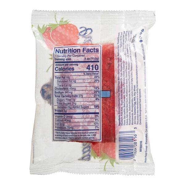 A package of Ne-Mo's Bakery Frozen Individually Wrapped Strawberry Cream Cheese Cake Bread with a nutrition label.