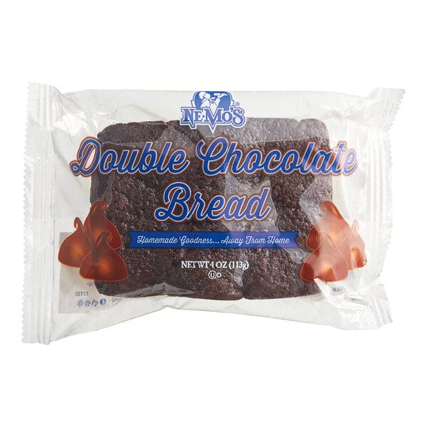 A package of Ne-Mo's Bakery Double Chocolate Cake Bread in plastic.