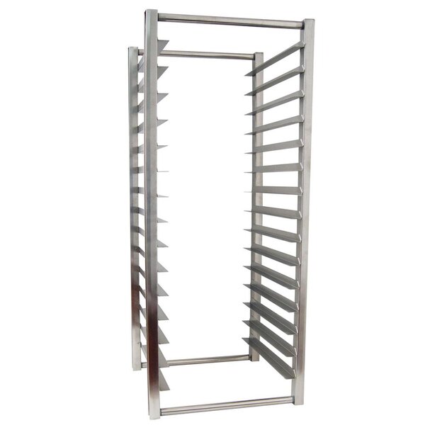 A Turbo Air stainless steel sheet pan rack with many shelves.