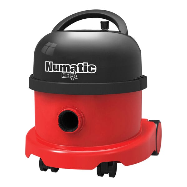 A red and black NaceCare Solutions canister vacuum cleaner.