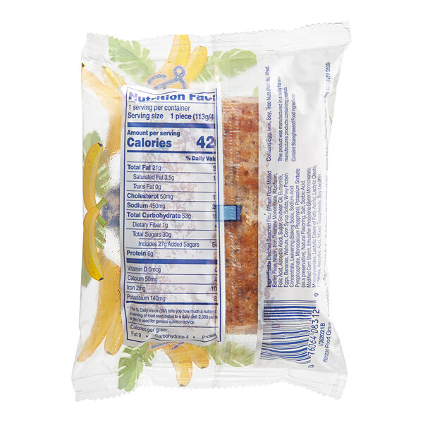 A package of Ne-Mo's Bakery Frozen Individually Wrapped Banana Cake Bread with a label.