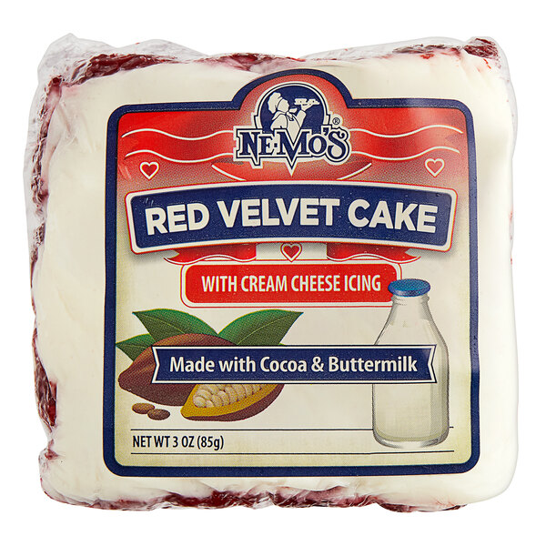 A package of Ne-Mo's Bakery red velvet cake squares.