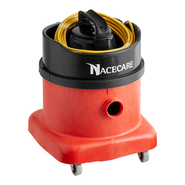 A red and black NaceCare canister vacuum cleaner with a red handle.