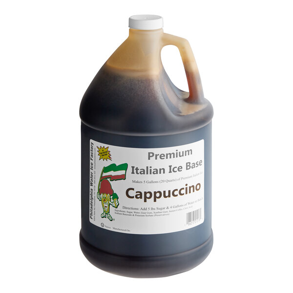 A gallon jug of Philadelphia Water Ice Cappuccino Italian Ice Base.