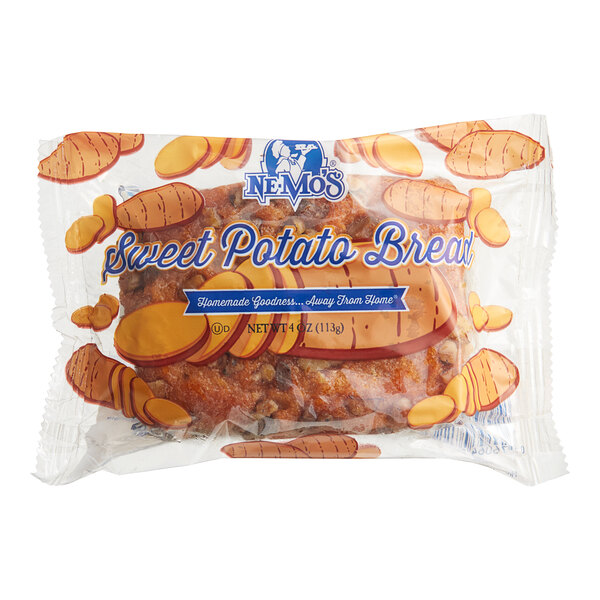 A bag of Ne-Mo's Bakery sweet potato cake bread with text on it.