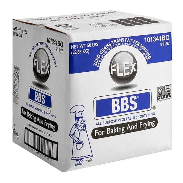 A white box of Stratas BBS Flex All-Purpose Shortening with blue and white text.