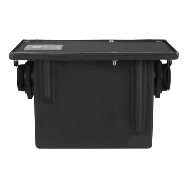 A black rectangular polyethylene grease trap with a black lid.