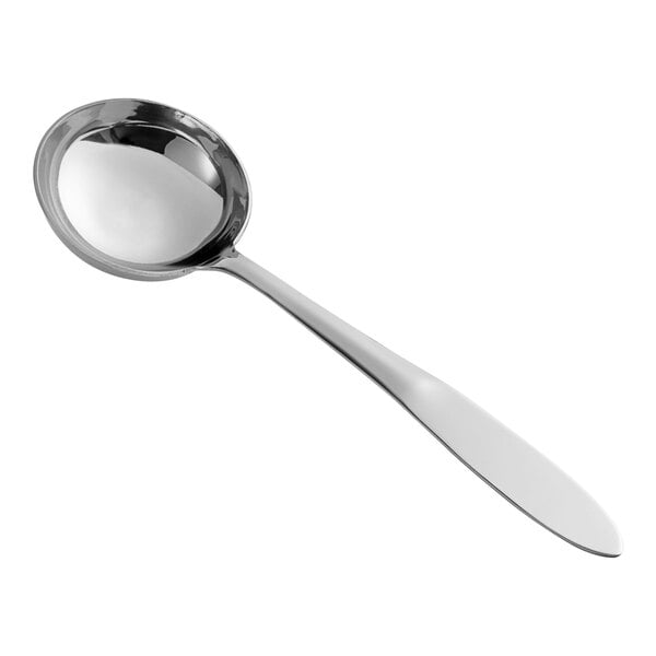 A Choice stainless steel ladle with a long handle.