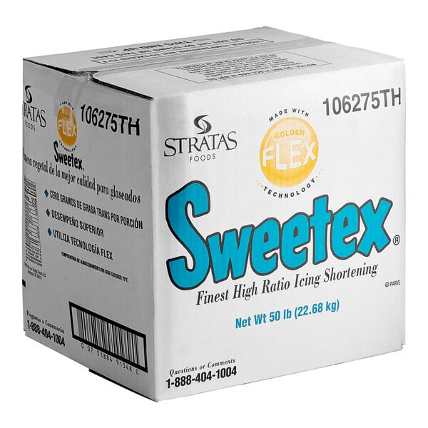 A white box of Stratas Sweetex Golden Flex Icing Shortening with blue and black text.