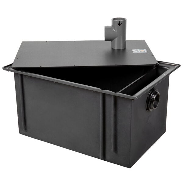 A black Zurn polyethylene grease trap with pipe connections.