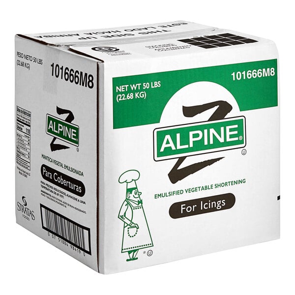 A white box of Stratas Alpine Z Icing Shortening with green and white text.