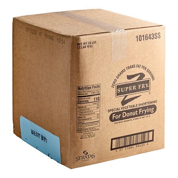 A box of Stratas Super Fry Z Donut Shortening with a label.