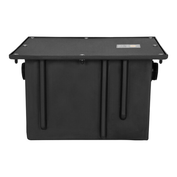 A black rectangular Zurn grease trap with a cover.