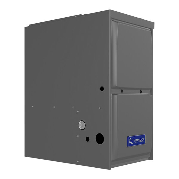 A grey rectangular MRCOOL natural gas furnace with a blue label on the door.