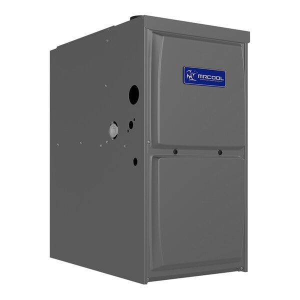 A grey rectangular MRCOOL gas furnace with a blue label.