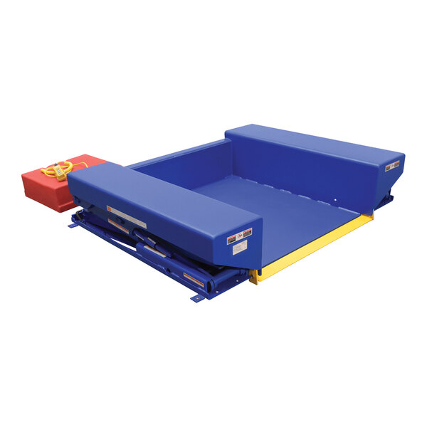 A blue and yellow rectangular Vestil lift table with a red box and orange stripe.