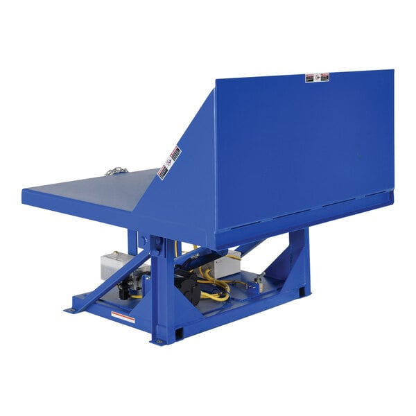 A blue Vestil tilt table machine with a white background.