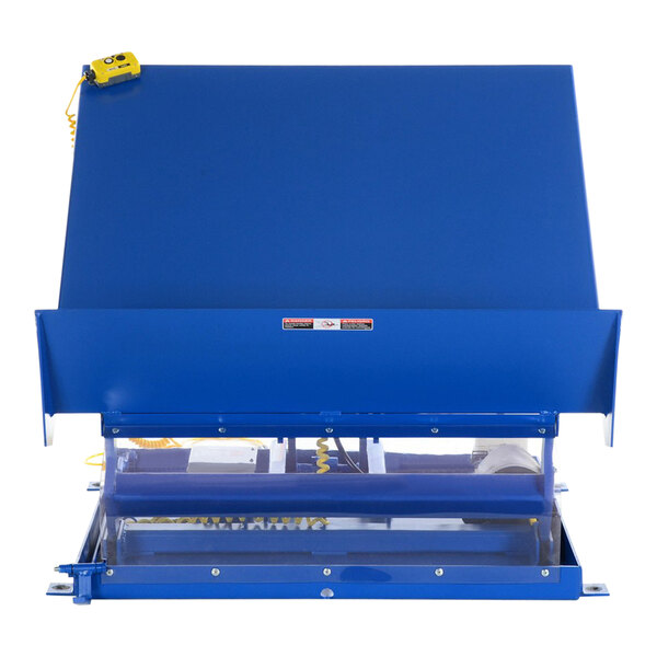 A blue Vestil scissor lift and tilt table with a metal platform.