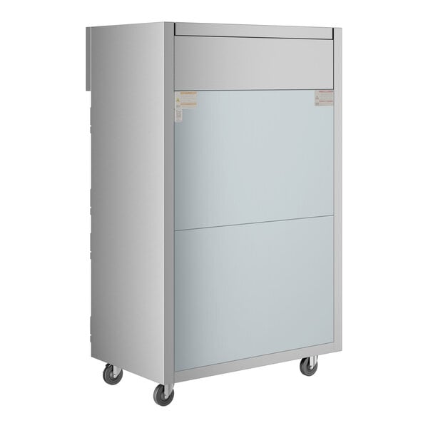 A stainless steel True Spec Series reach-in refrigerator with two solid doors on wheels.