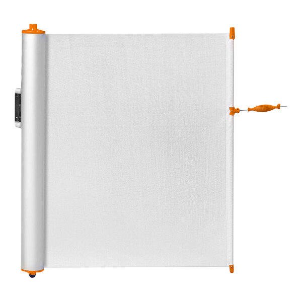 A white rectangular safety banner with orange accents.