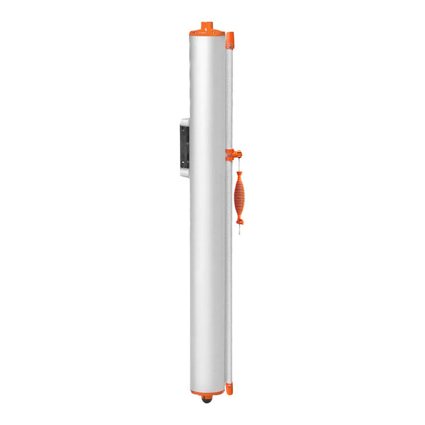 A white and orange ZonePro portable safety banner with a handle.