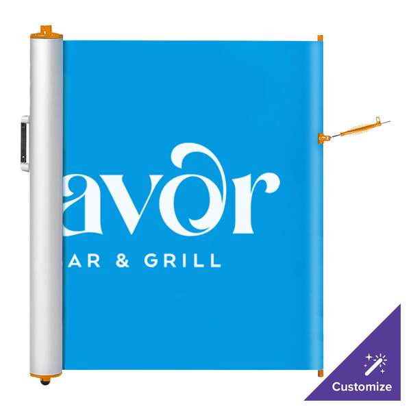 A blue roll of paper with white text and a purple triangle.