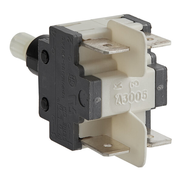 A black and white steam button with white wires.