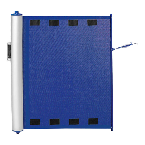 A blue and white portable safety banner with a blue screen.