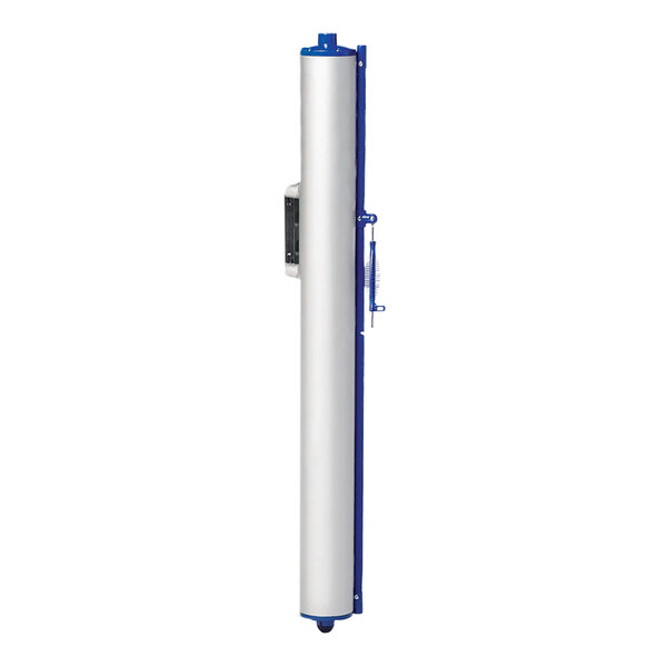 A long white cylindrical safety banner with a blue frame and accents.