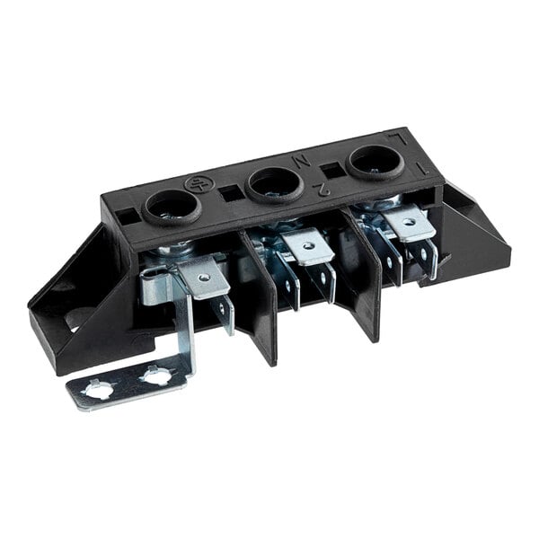 A black electrical terminal block with metal screws.