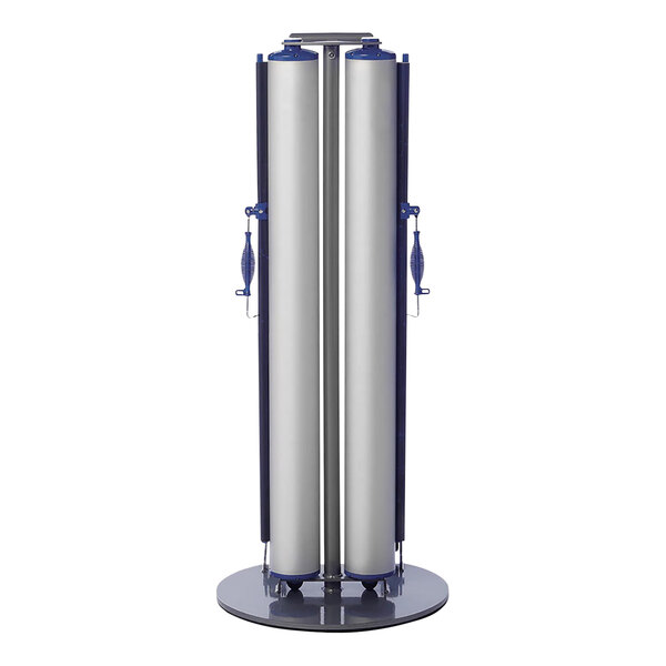 A metal ZonePro Dual Rolling Stanchion with blue accents and double-sided blue safety banners.