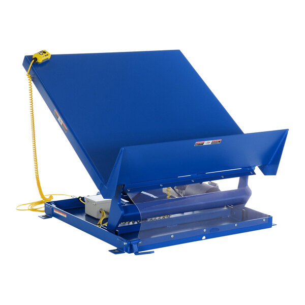 A blue Vestil scissor lift and tilt table with a yellow handle.