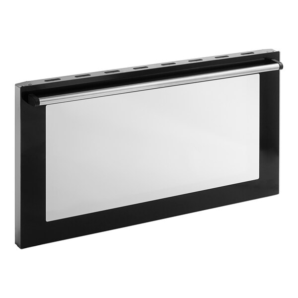 A black and white rectangular door assembly with glass for a Cooking Performance Group convection oven.