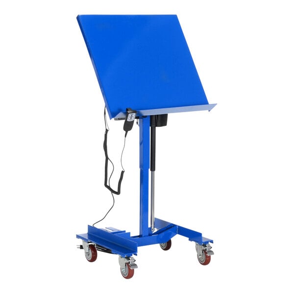 A blue Vestil linear actuated tilt table with wheels on it.