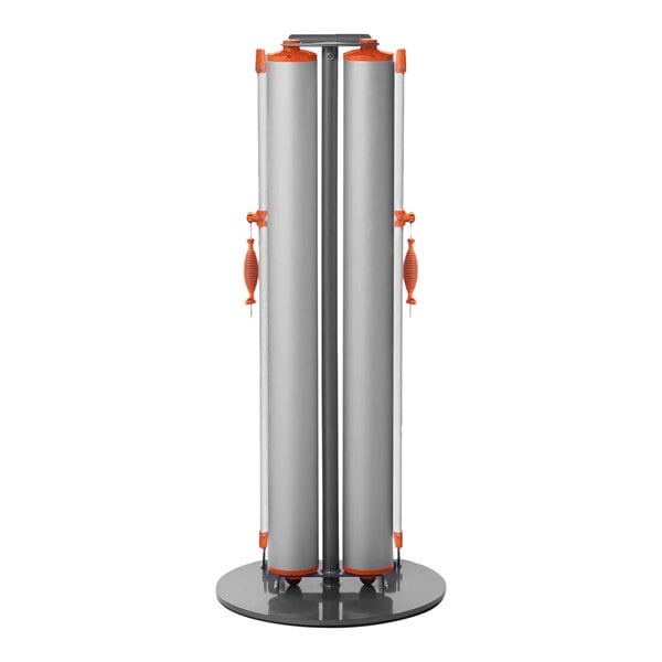 A ZonePro Dual Rolling Stanchion with orange and silver accents and white safety banners.