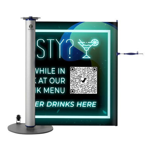 A ZonePro rolling stanchion with a double-sided safety banner that says "Stay Here" attached to a pole.