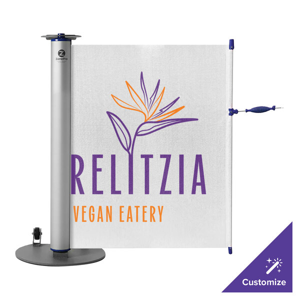 A white ZonePro safety banner with blue accents and customizable text.