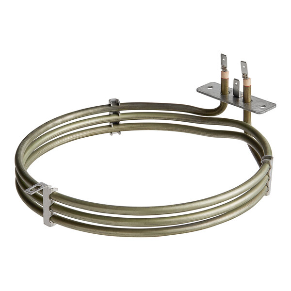 A metal circular heating element with metal tubes and two wires.