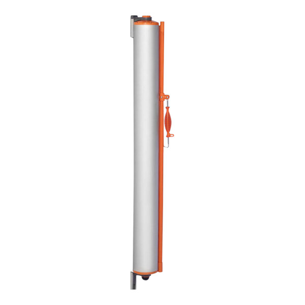 A white cylinder with a handle and orange stripe.